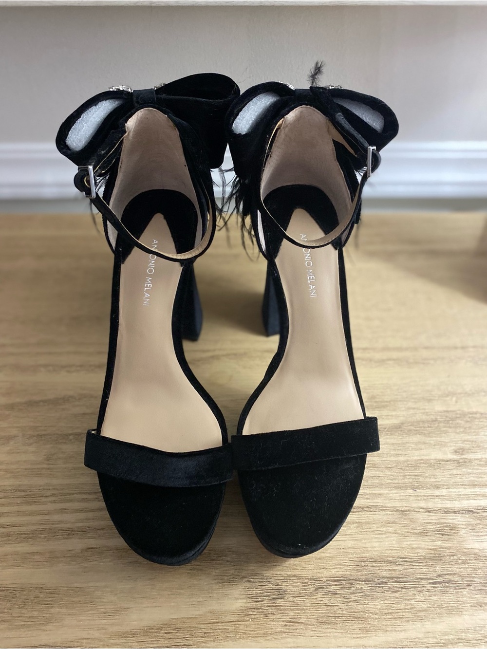 Never worn ANTONIO MELANI Black Suede Ankle-Strap Heels with Bow